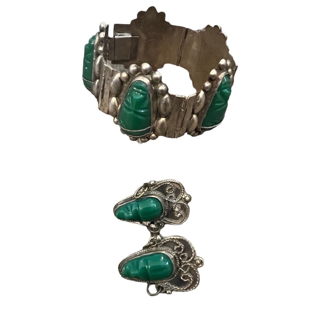 Vintage‎ Sterling Silver Mexico Green Jade Warrior Mask Panel Bracelet Earrings